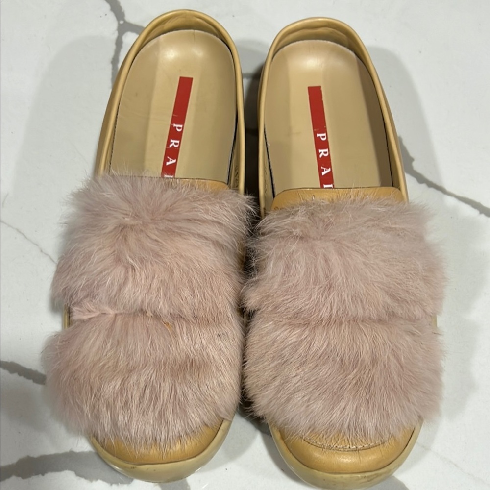 Prada Women's Beige Fur Slip-On Shoes